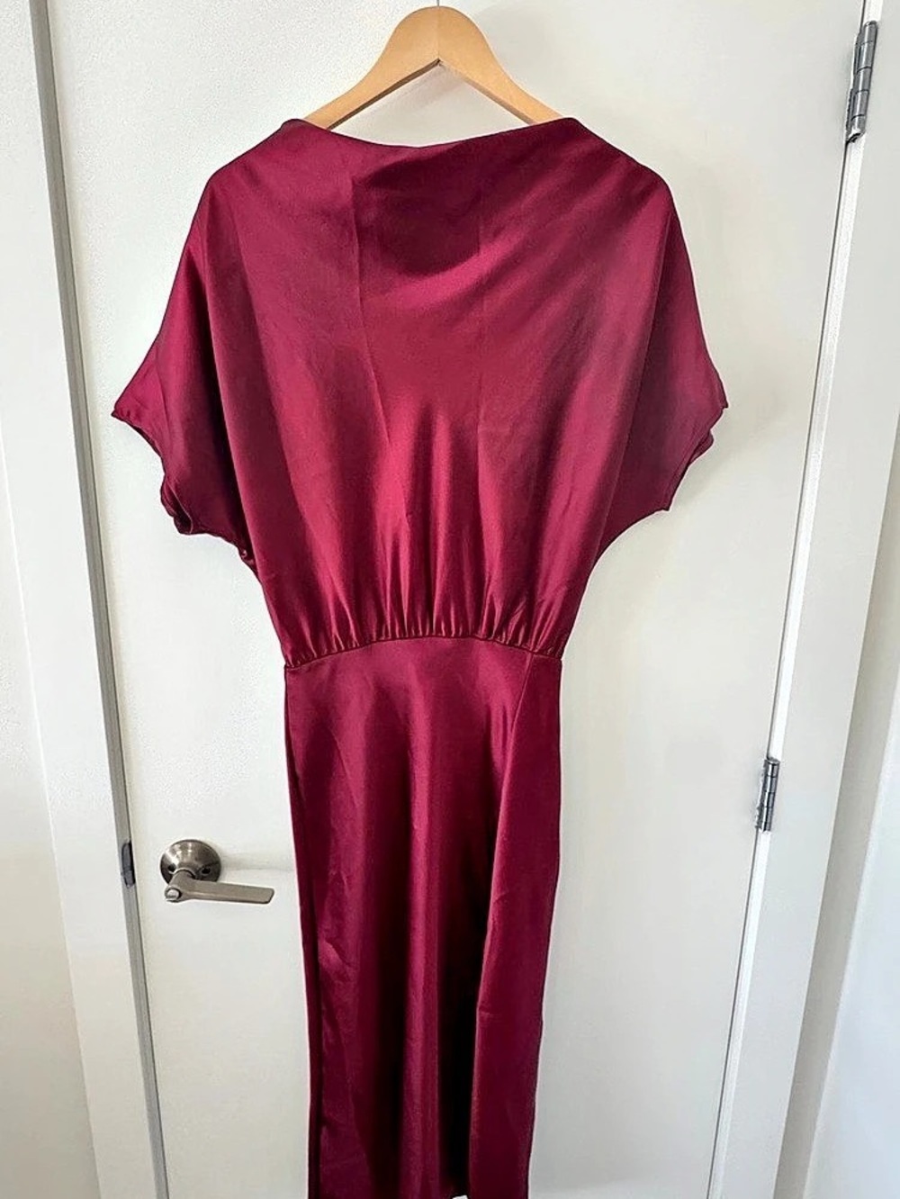 Burgundy Satin Blouson Maxi Dress Side Slit Size S Made in USA - Picture 7 of 11